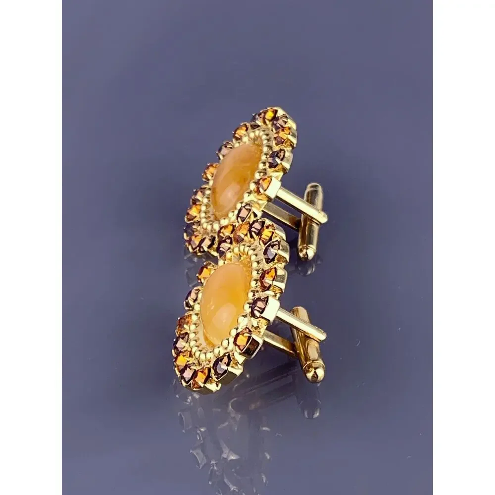 Large Yellow Carnelian Cabochon Cufflinks Gold Tone Rhinestones Orange Brown VTG